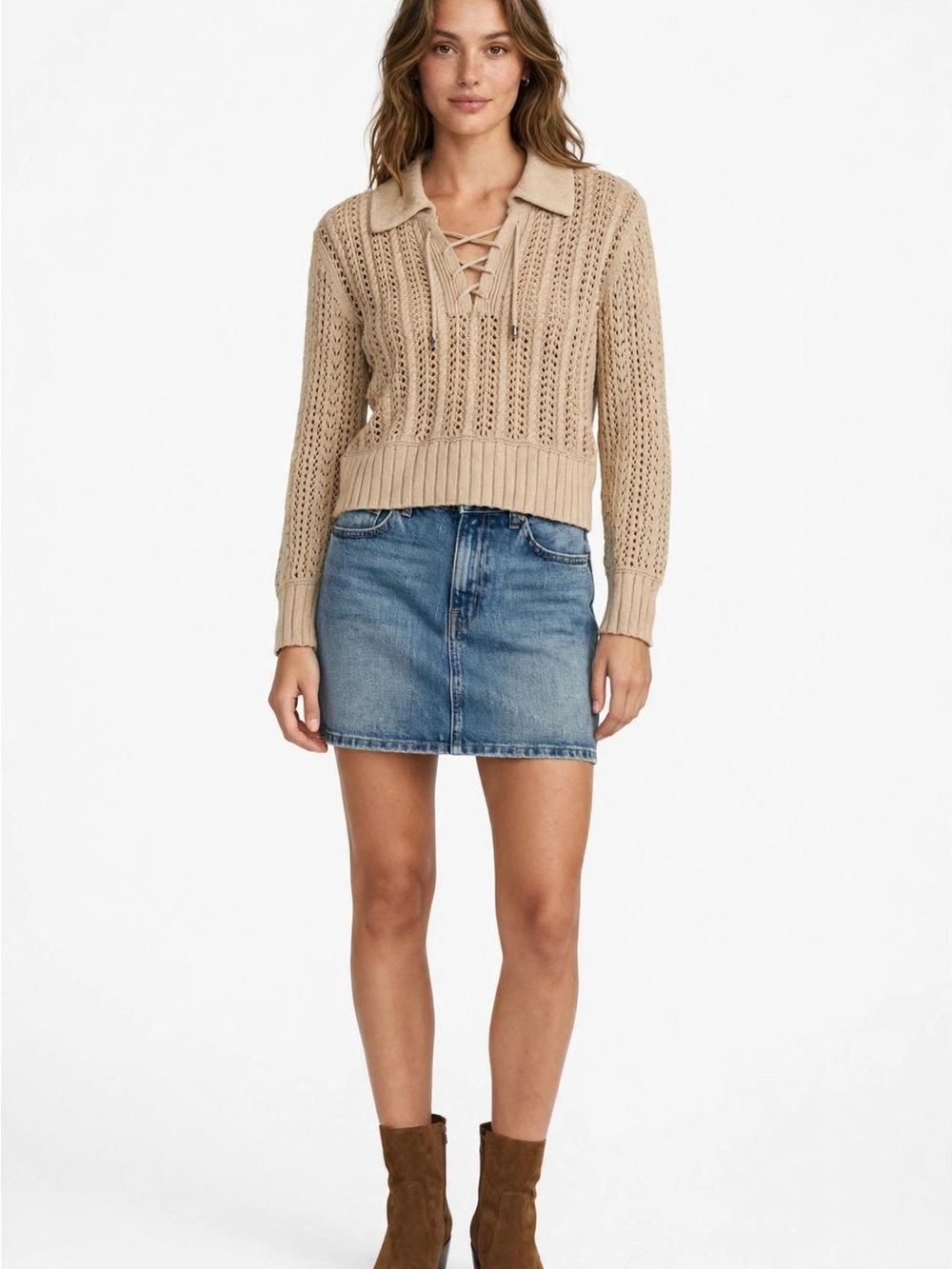 Joie Oatmeal Pointelle Lace-Up Sweater Size M Beige Open Knit Cotton